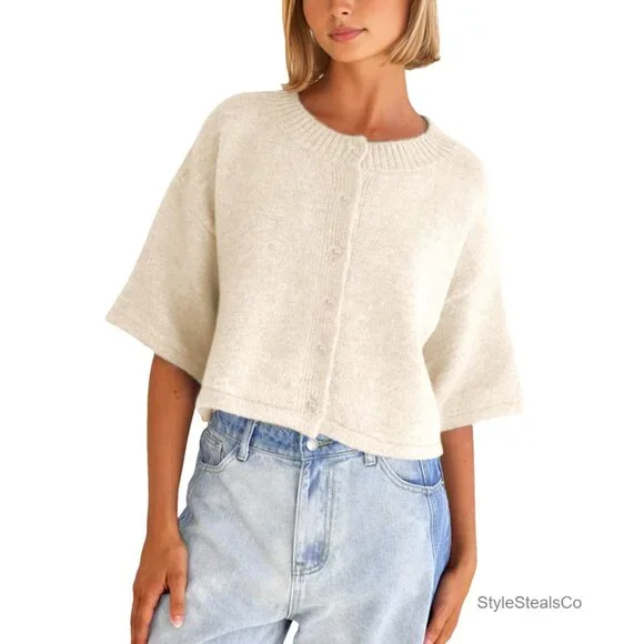 Lightweight Cropped Cardigan, Button Front, 3/4 Sleeve, Soft Knit, Regular Fit - Picture 1 of 7
